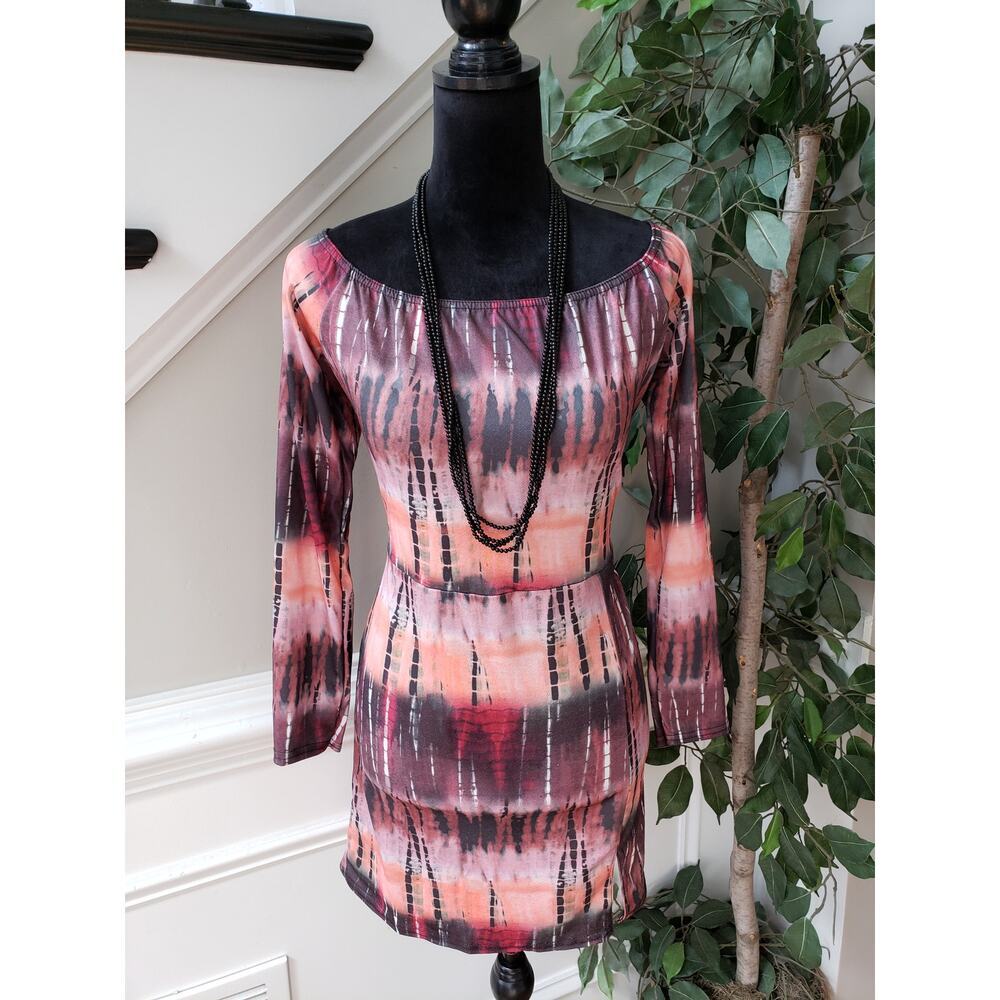PrettyLittleThing Bodycon Dress Womens 12 Multi Abstract Print Bardot Split‎ Hem